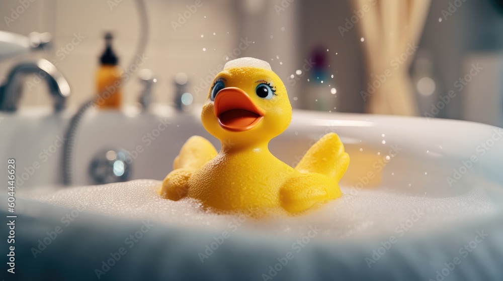 Yellow duck toy in the bathtub. Generative AI - obrazy, fototapety, plakaty 