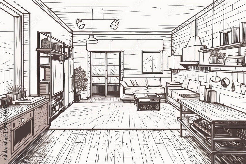 Isolated Hand Drawn Illustration of a Home Interior. Generative AI