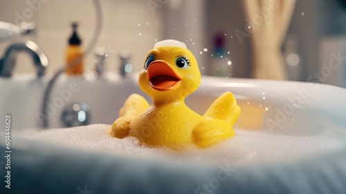 Fototapeta Yellow duck toy in the bathtub. Generative AI