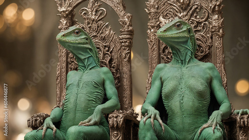 lizard humanoid rulers green skinned queen and king sitting on throne in the castle, generative AI photo