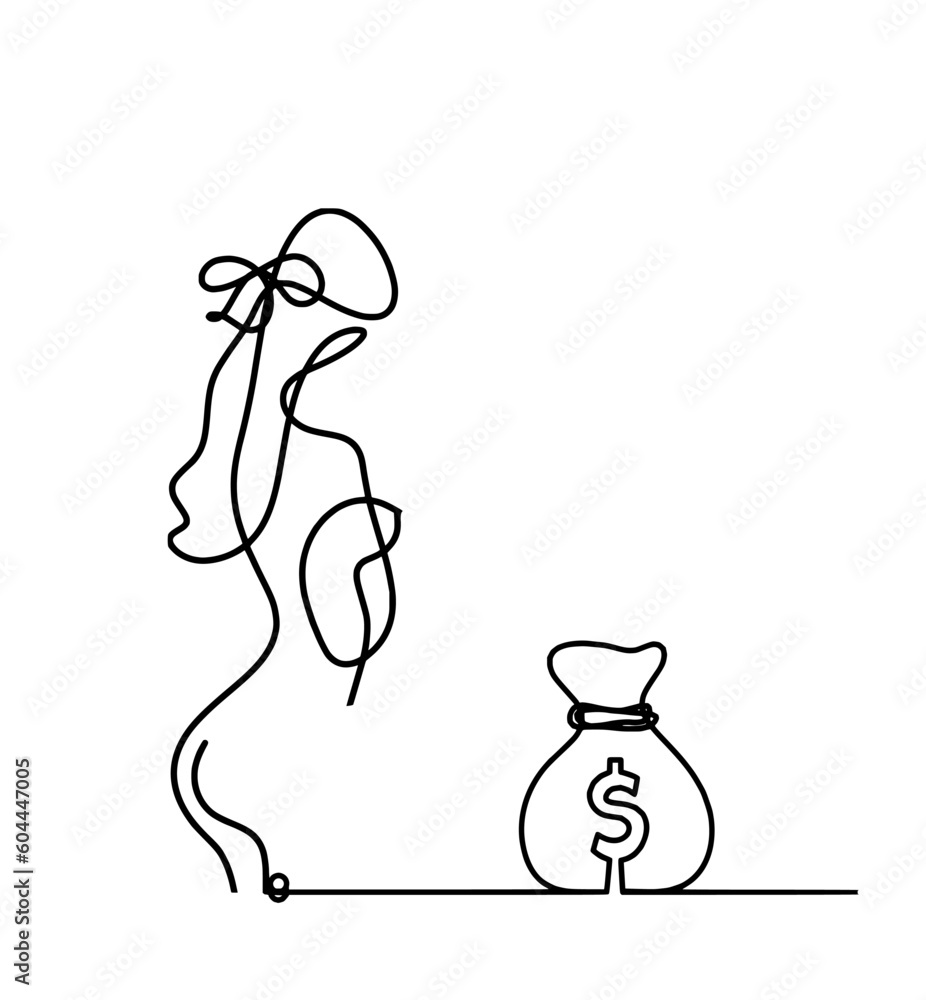 Woman silhouette body with dollar as line drawing picture on white Woman silhouette body with dollar as line drawing picture on white