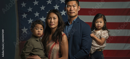 Asian pacific islander family against USA flag. Roots,heritage concept. Image Generative AI.