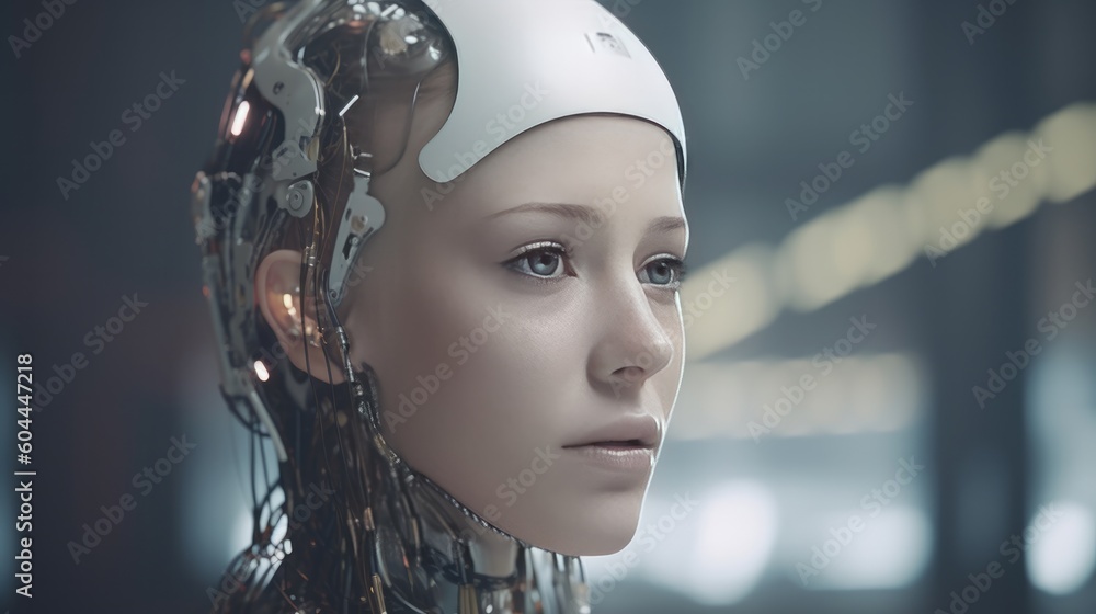 Stunning real woman with robotic parts fused into her head, an illustration of AI-assisted, neural cyborg reality