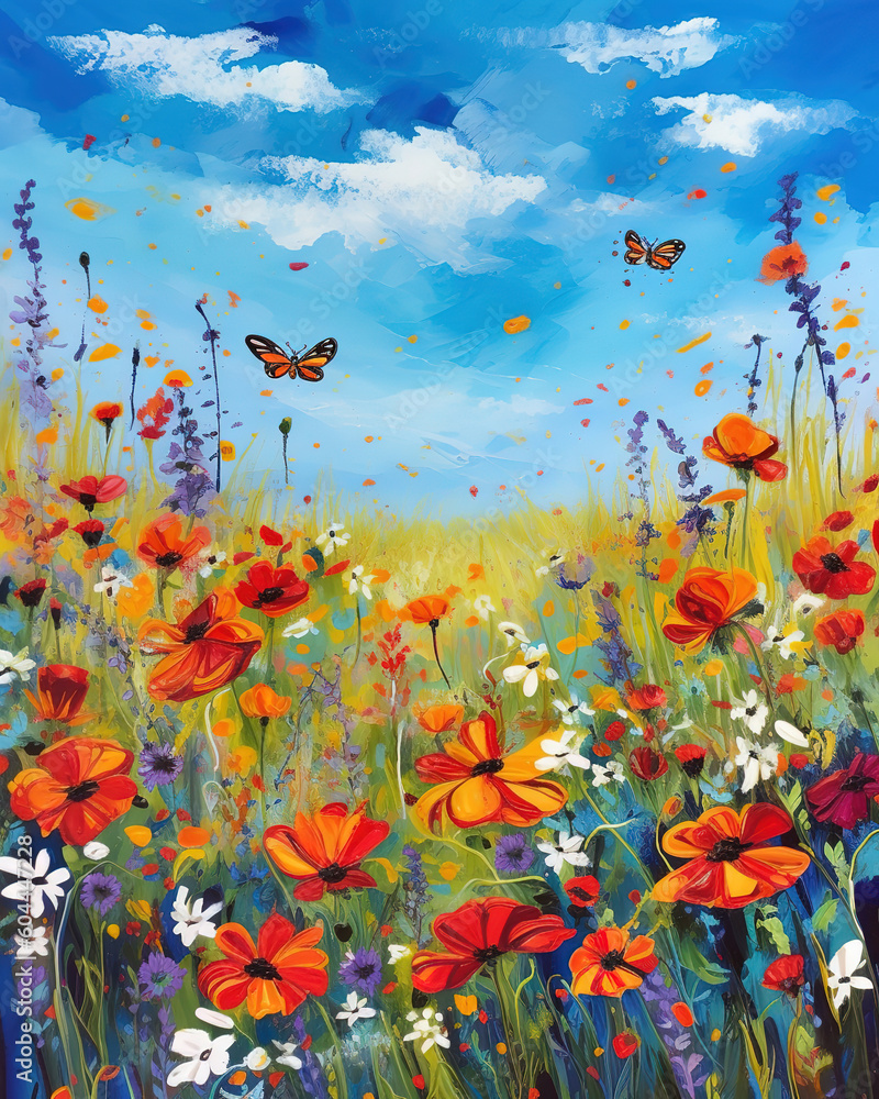 Obraz premium A colorful field of wildflowers, with bees buzzing around and a bright blue sky in the background. Oil paint style, generative ai 