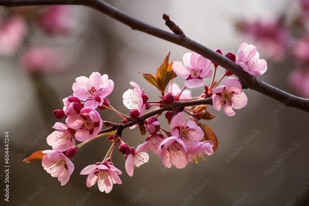Obraz premium Blooming sakura branch. Cherry blossom in spring. Spring sakura blossom on a tree branches, generative ai