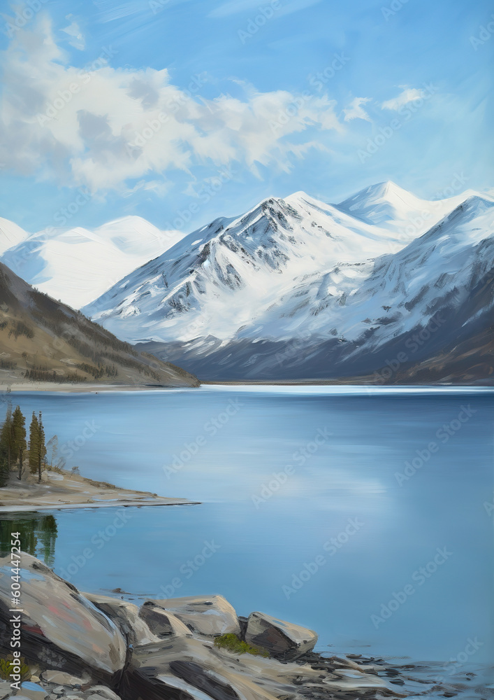 breathtaking view of a snow-capped mountain range with a clear blue sky and peaceful lake in the foreground. Oil paint style, generative ai 