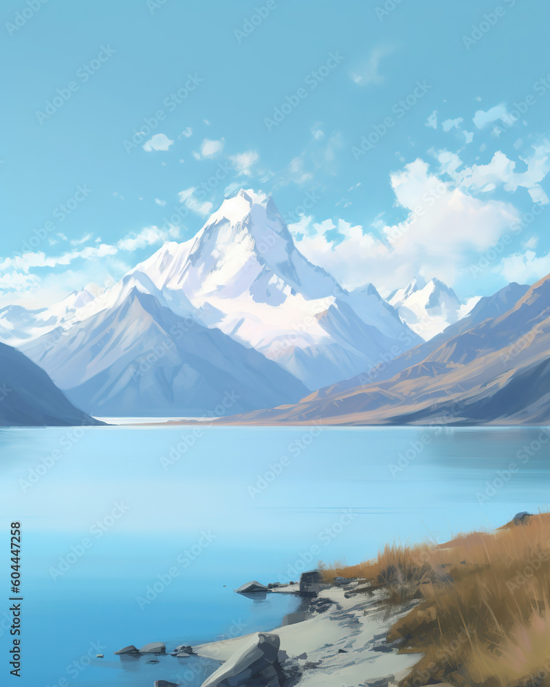 breathtaking view of a snow-capped mountain range with a clear blue sky and peaceful lake in the foreground. Oil paint style, generative ai 