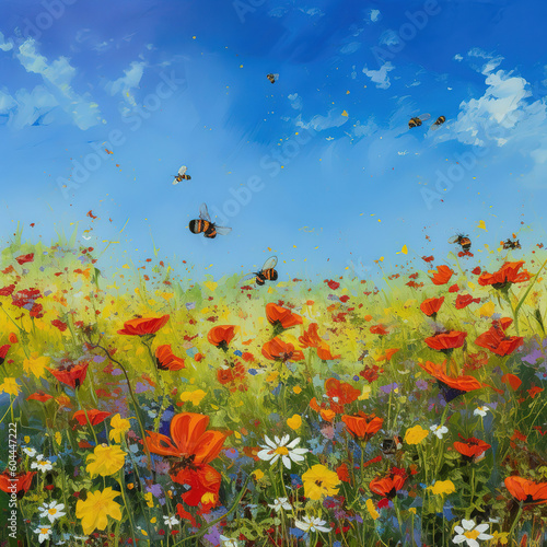A colorful field of wildflowers, with bees buzzing around and a bright blue sky in the background. Oil paint style, generative ai 