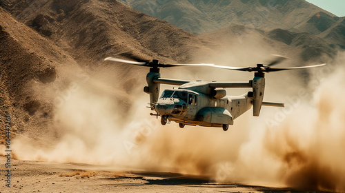 An American tiltrotor Osprey in a mountainous desert area begins to take off. Raises dust. Ai  photo