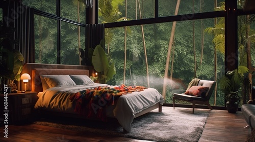 beautiful bedroom with a view to an amazing forest.  generative AI illustration.