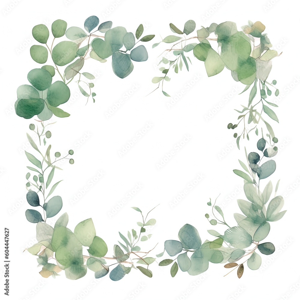 Green watercolor wreath. Illustration AI Generative.