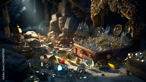 hidden treasure in a mysterious cave. generative AI illustration.