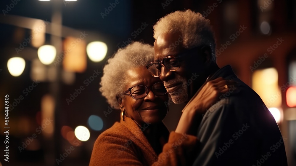 Obraz premium Warm portrait of senior black couple, hugging and sharing happiness on illuminated evening street, AI generated