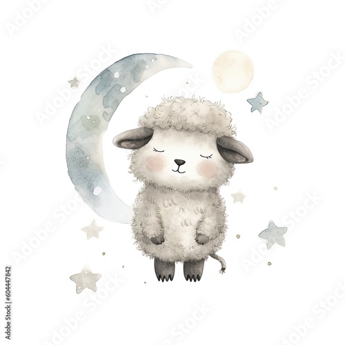 Cute watercolor night sheep and moon. Illustration AI Generative.