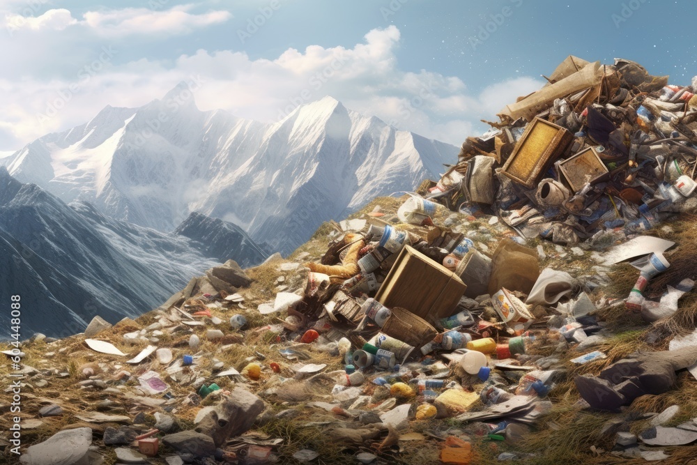 AI Generated organic trash in the mountain background