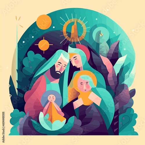 Jesus nativity scene abstract, watercolor, and vector illustrations