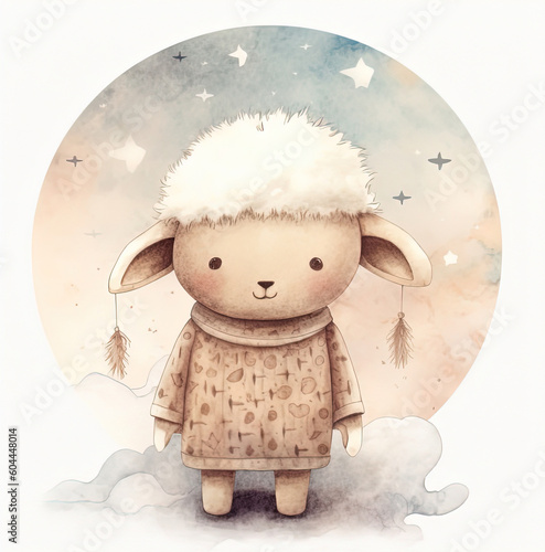Cute watercolor night sheep and moon. Illustration AI Generative.