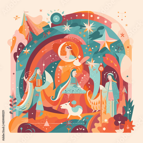 Jesus nativity scene abstract, watercolor, and vector illustrations