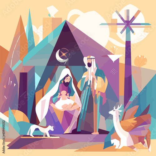 Jesus nativity scene abstract, watercolor, and vector illustrations