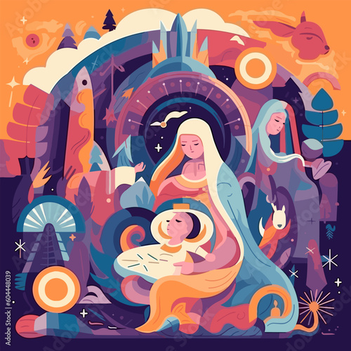 Jesus nativity scene abstract, watercolor, and vector illustrations