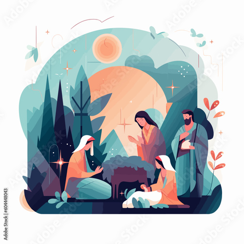 Jesus nativity scene abstract, watercolor, and vector illustrations
