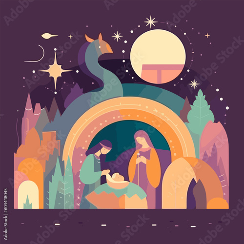 Jesus nativity scene abstract, watercolor, and vector illustrations