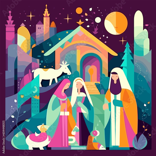 Jesus nativity scene abstract, watercolor, and vector illustrations