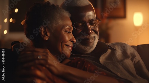 Loving portrait of happy senior black couple hugging home, enjoying tranquil evening, celebrating enduring love, neural