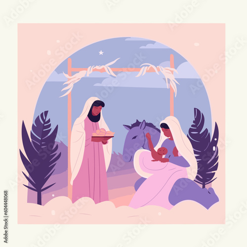 Jesus nativity scene abstract, watercolor, and vector illustrations