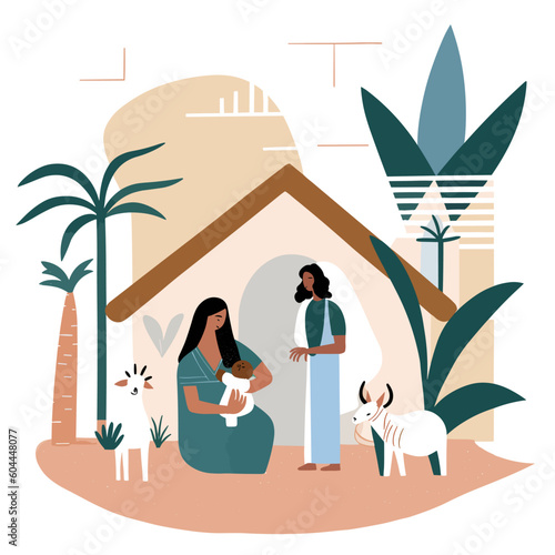 Jesus nativity scene abstract, watercolor, and vector illustrations