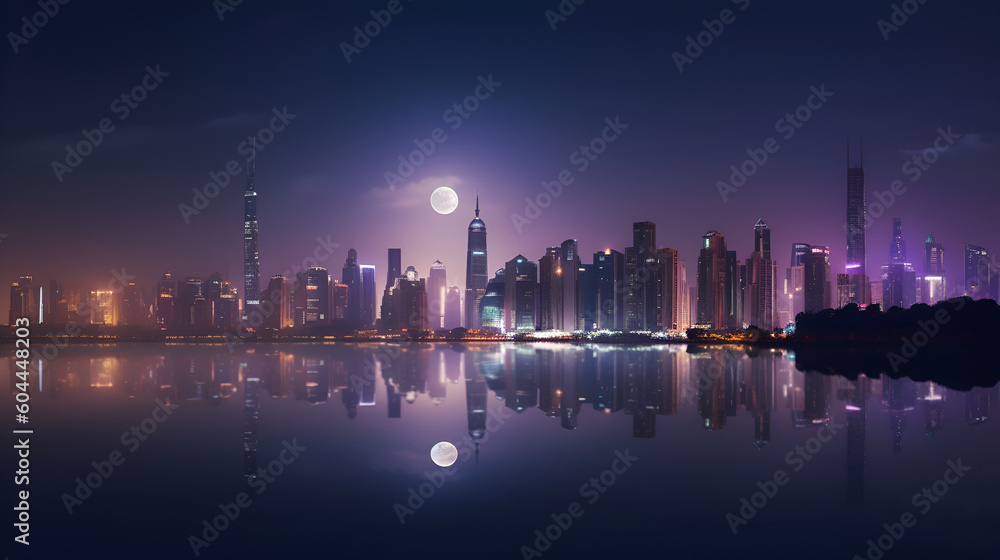 A Serene City Skyline at Night with towering Skyscrapers. Generative AI