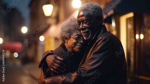 Senior black couple shares a tender moment in portrait, standing on a brightly illuminated evening street, AI generated