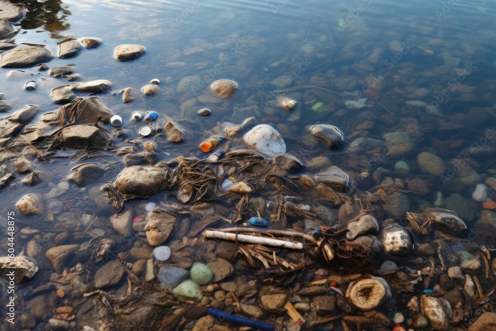 AI Generated organic trash in the river background AI Generated organic trash in the river background