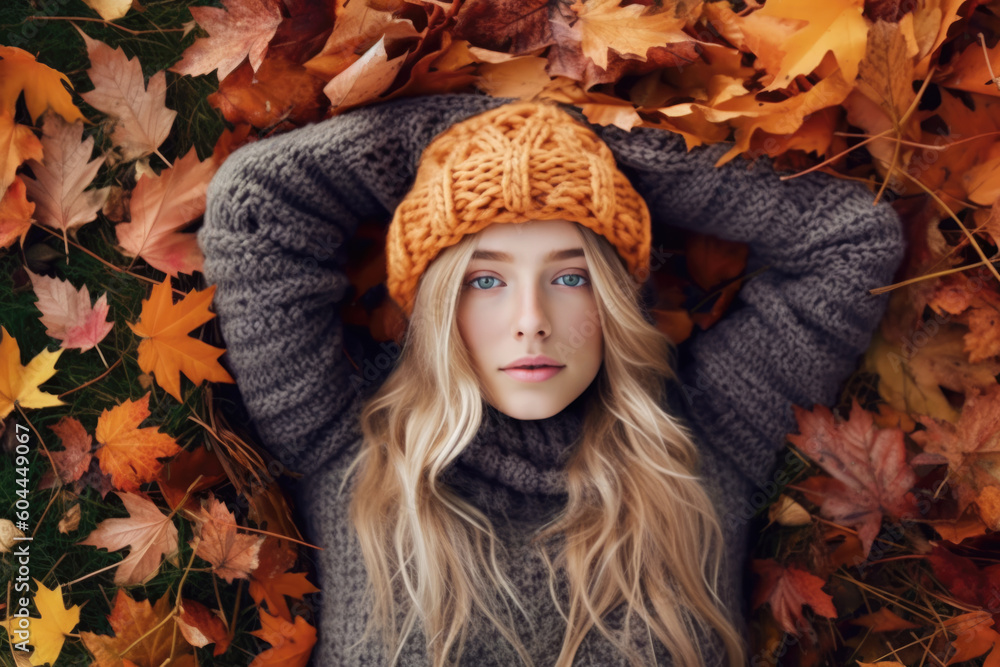 Young beautiful woman with long blonde hair and knitted hat lying down on autumn leaves Young beautiful woman with long blonde hair and knitted hat lying down on autumn leaves
