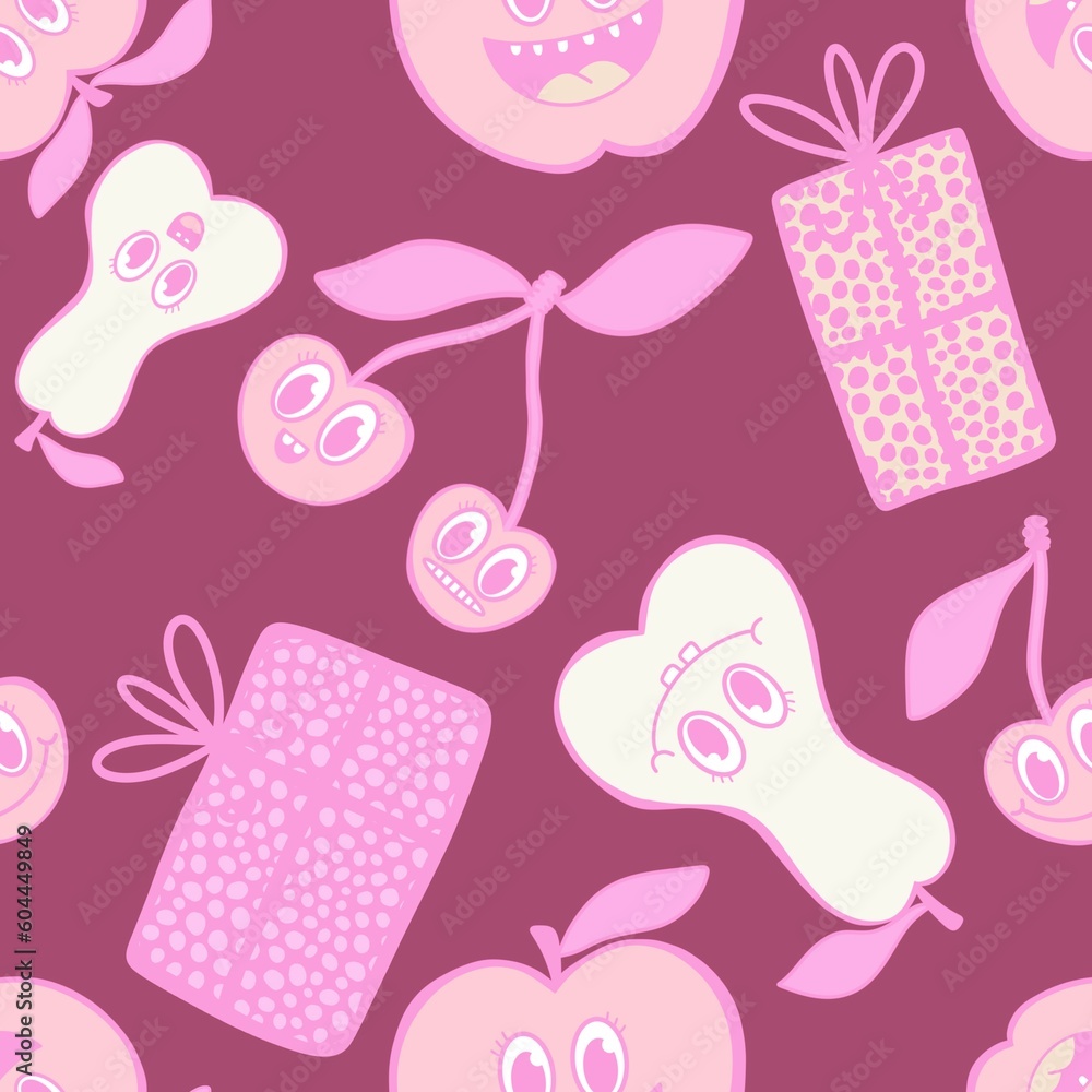 Retro cartoon fruit seamless apples and cherry and pears and gift box pattern for kids clothes print and wrapping