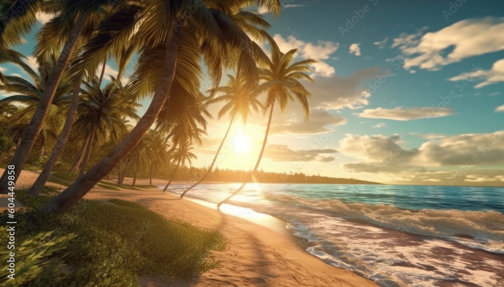 A 4k beach scene with turquoise water, golden sand, and palm trees. (Generative AI)