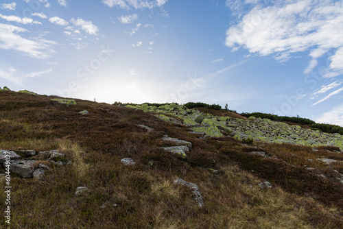 Beautiful landscape of hills and mountains full of green bushes, yellow grass and big rocks at sunny autumn day