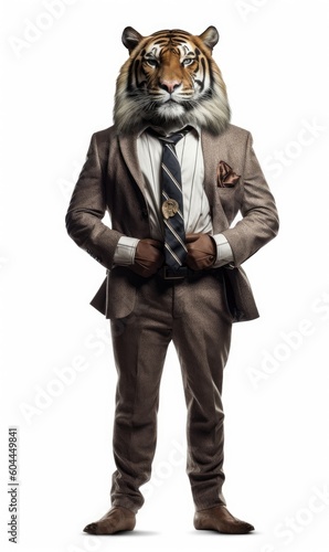 Tiger dressed in a suit like a businessman, isolated on white (generative AI)