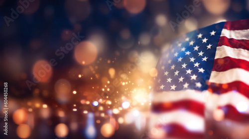 American flag and bokeh background with copy space for American holiday. Generative AI 