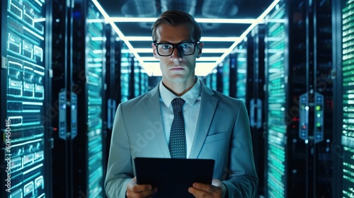Focused Man in Formal Wear and Eyeglasses Using Tablet to Monitor the Condition of Server Racks in a Modern Data Center