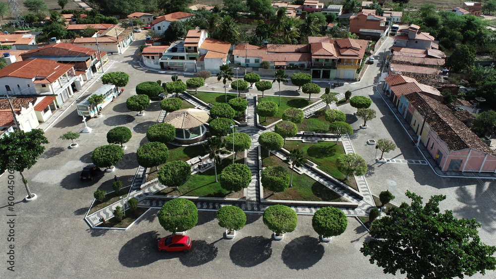 Aerial view of a small town in the northeast of Brazil With beautiful central square. - obrazy, fototapety, plakaty 