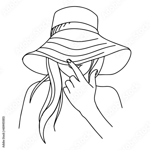 Girl in panama hat from the sun one continuous line art. Young lady in a hat with a minimalist linear style print. Vector illustration.