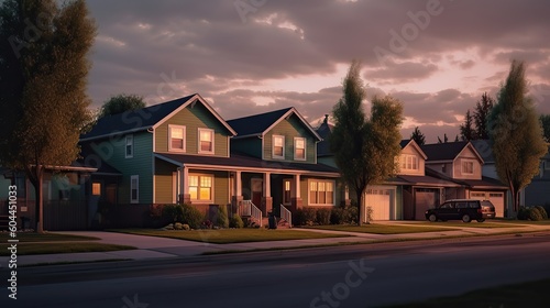 Evening descends on typical American suburban lane, one-storeyed homes settling into the twilight, AI-generated neural