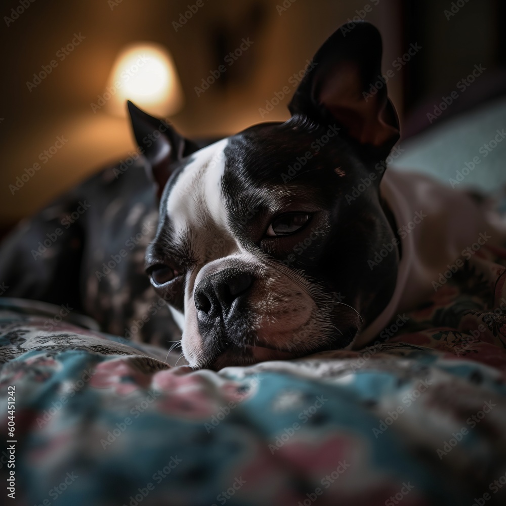 A sleeping Boston Terrier on a bed snuggled into the blankets. Generative AI. A sleeping Boston Terrier on a bed snuggled into the blankets. Generative AI.