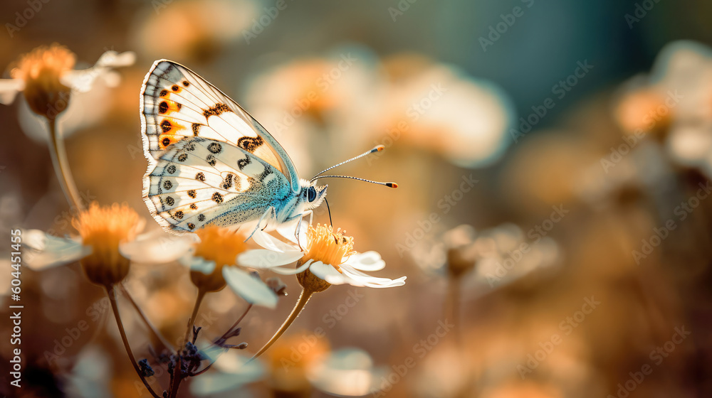Fototapeta premium Close-up of a butterfly on a flower, a butterfly on a flower in the garden, a blurred background of a flower with a butterfly. A sense of beauty is created. Generative AI