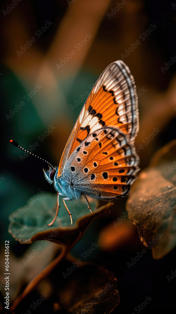 Obraz premium Close-up of a butterfly on a flower, a butterfly on a flower in the garden, a blurred background of a flower with a butterfly. A sense of beauty is created. Generative AI