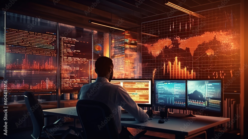 One Man Engaged in Analyzing Big Data on Vast Digital Screens in a Contemporary Office Setting One Man Engaged in Analyzing Big Data on Vast Digital Screens in a Contemporary Office Setting