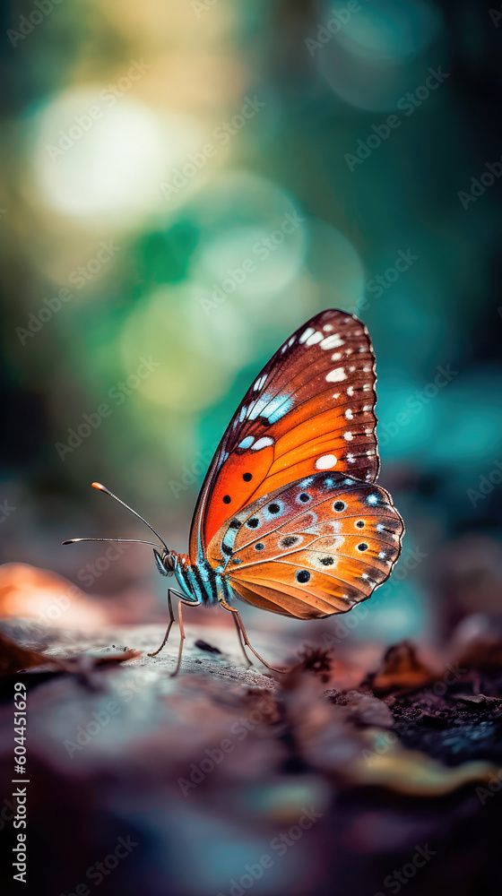 Obraz premium Close-up of a butterfly on a flower, a butterfly on a flower in the garden, a blurred background of a flower with a butterfly. A sense of beauty is created. Generative AI
