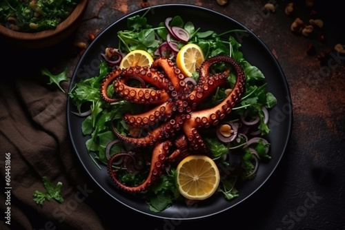 Salad with octopus and citruses on a plate. Exquisite seafood dishes. Generative AI.