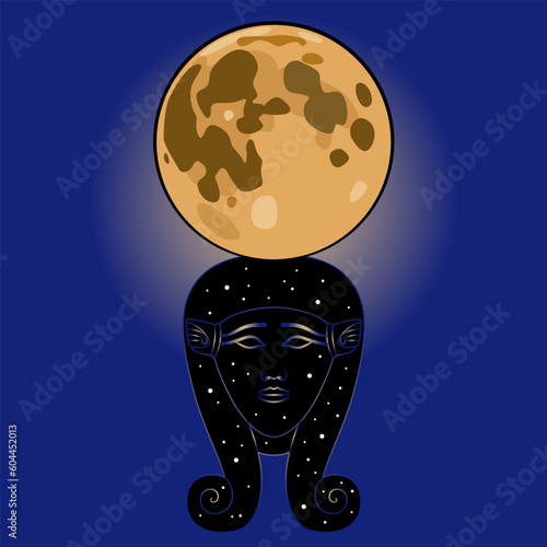 Head of ancient Egyptian goddess Hathor with shining full moon in night sky. Creative lunar design. Feminine power.